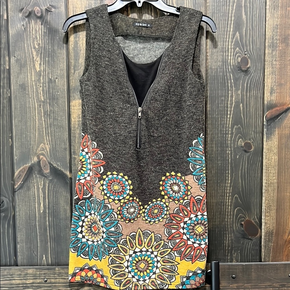 Ivy & Leo Boho‎ Dress S Zipper Front Layered Look Floral Artsy Stretch Eclectic